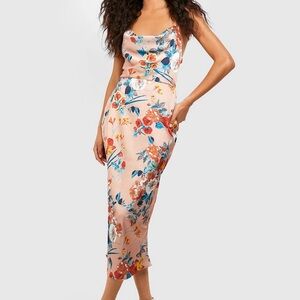 NWT Boohoo Satin Floral Cowl Flute Hem Slip Dress